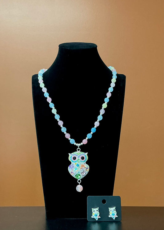 Owl Necklace & Earrings Set - White