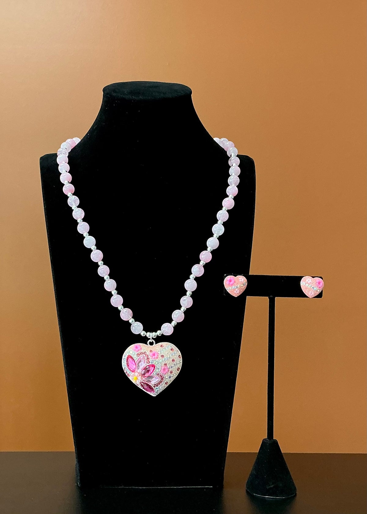 Rose Quartz Heart Necklace & Earrings