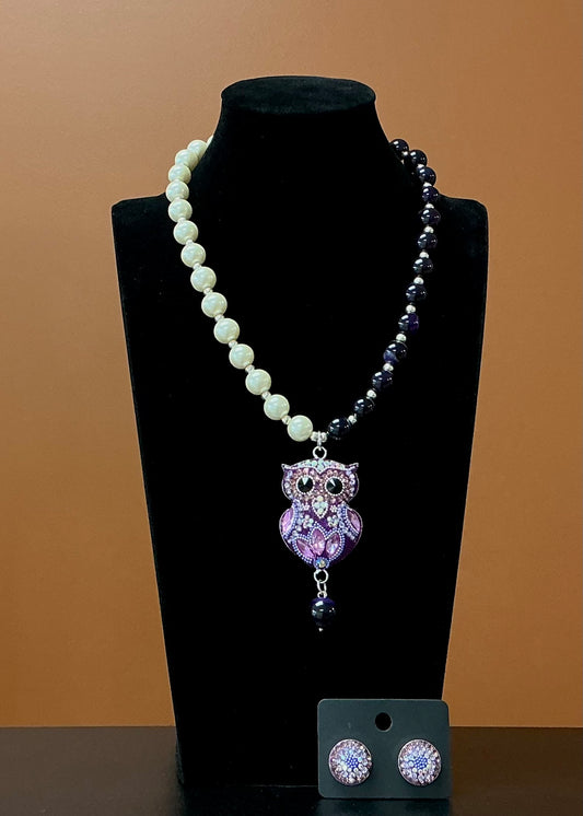 Owl Necklace & Earrings Set - Half & Half
