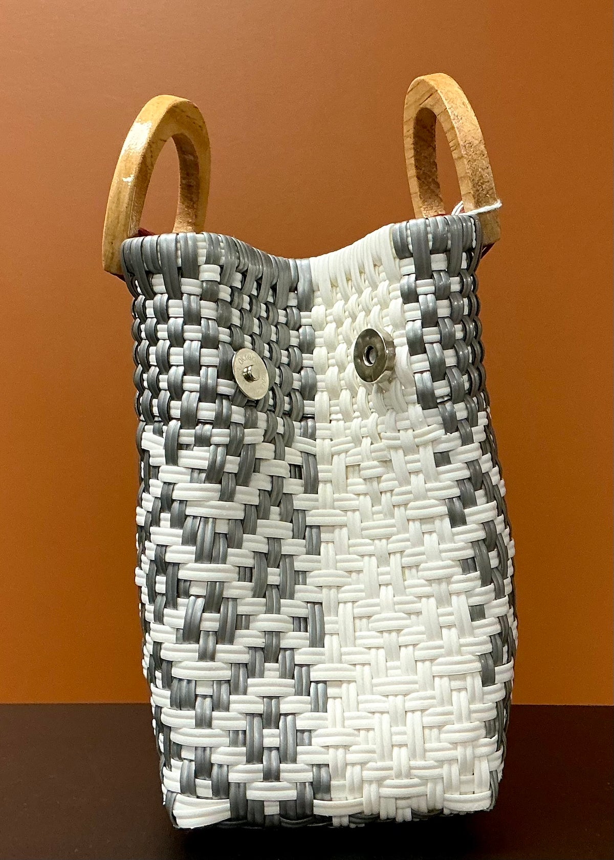 Mini Handwoven Plastic Bag - White, Red, & Gray
