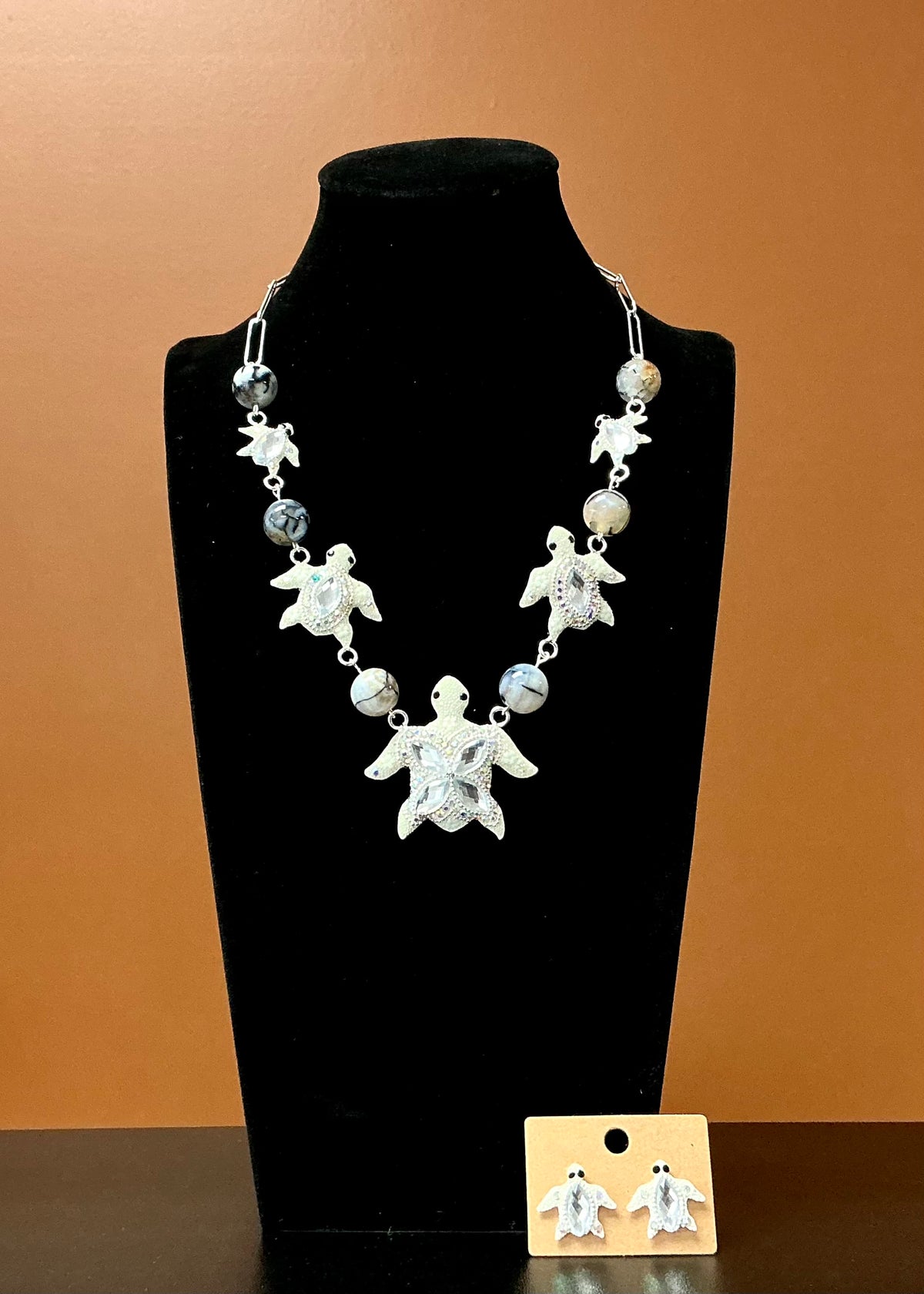 White Sea Turtle Necklace & Earrings