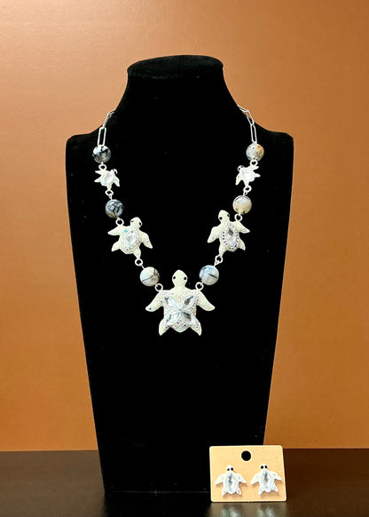 White Sea Turtle Necklace & Earrings
