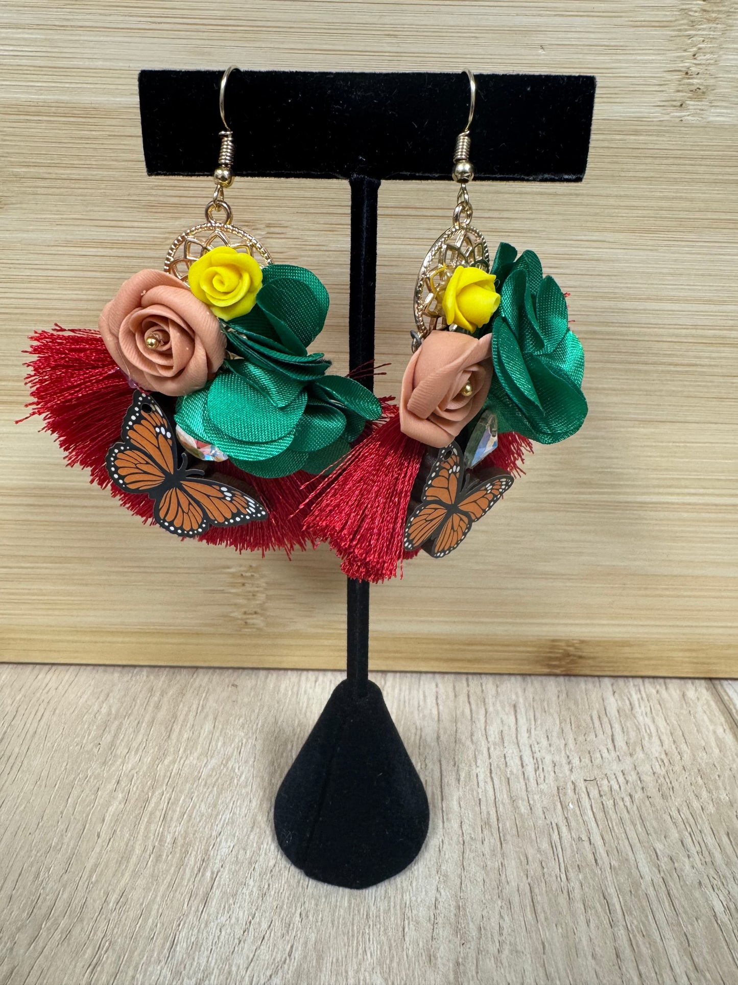 Floral Monarch Tassel Earrings - Red