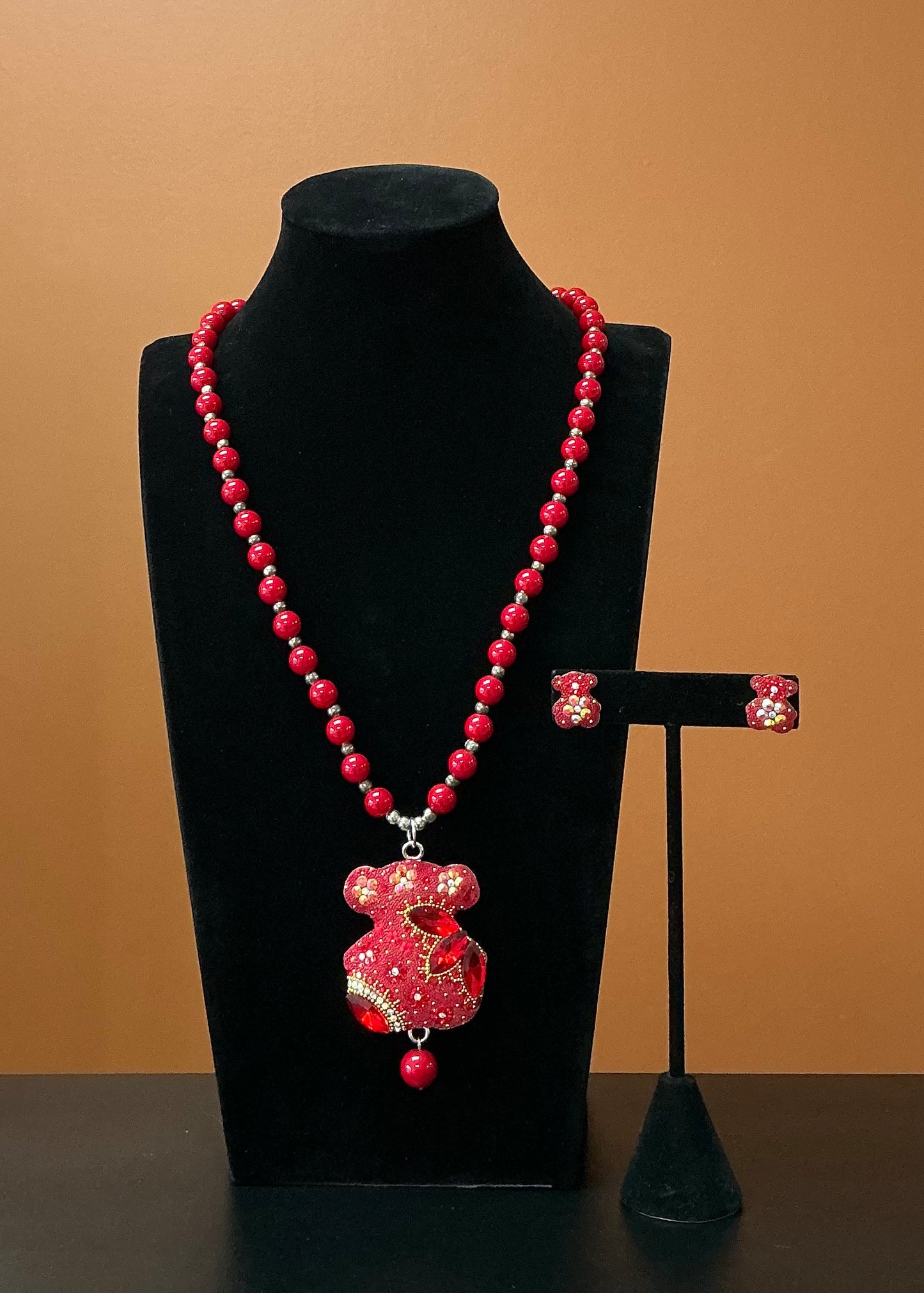 Red Bear Necklace & Earring Set