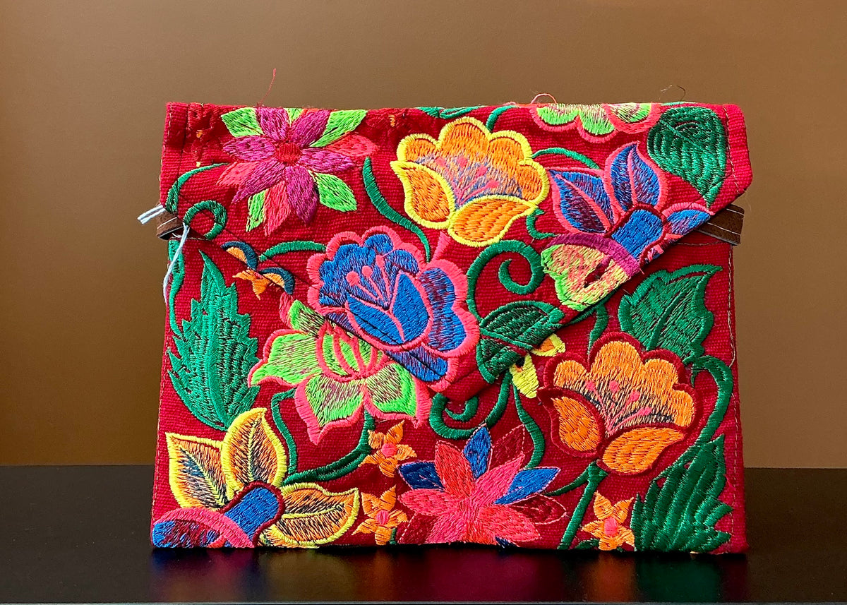 Embroidered Envelope Clutch - Red
