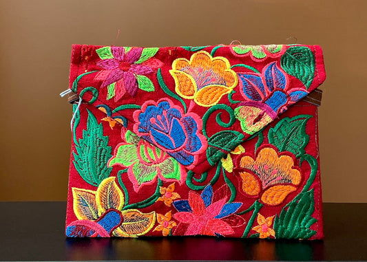 Embroidered Envelope Clutch - Red