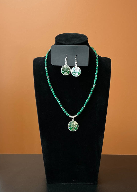 Tree of Life Circle Necklace & Earrings - Green