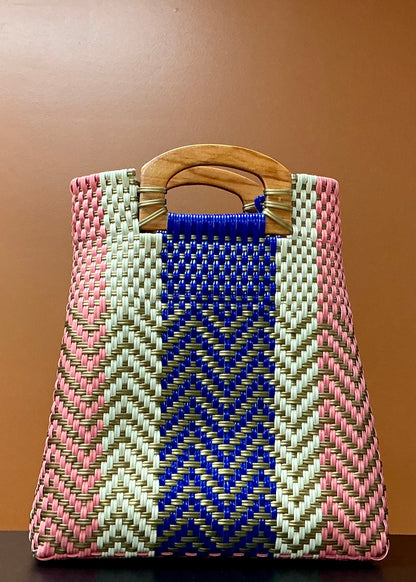 Large Handwoven Plastic Tote Bag - Pink, White, Blue, & Gold