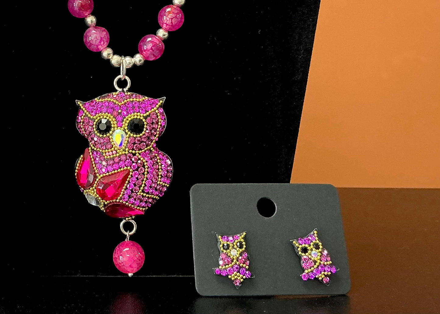 Owl Statement Necklace & Earrings - Pink