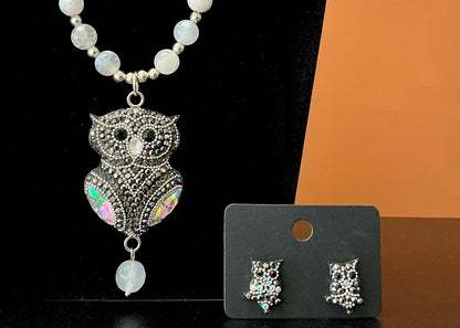 Owl Statement Necklace & Earrings - Iridescent Wings
