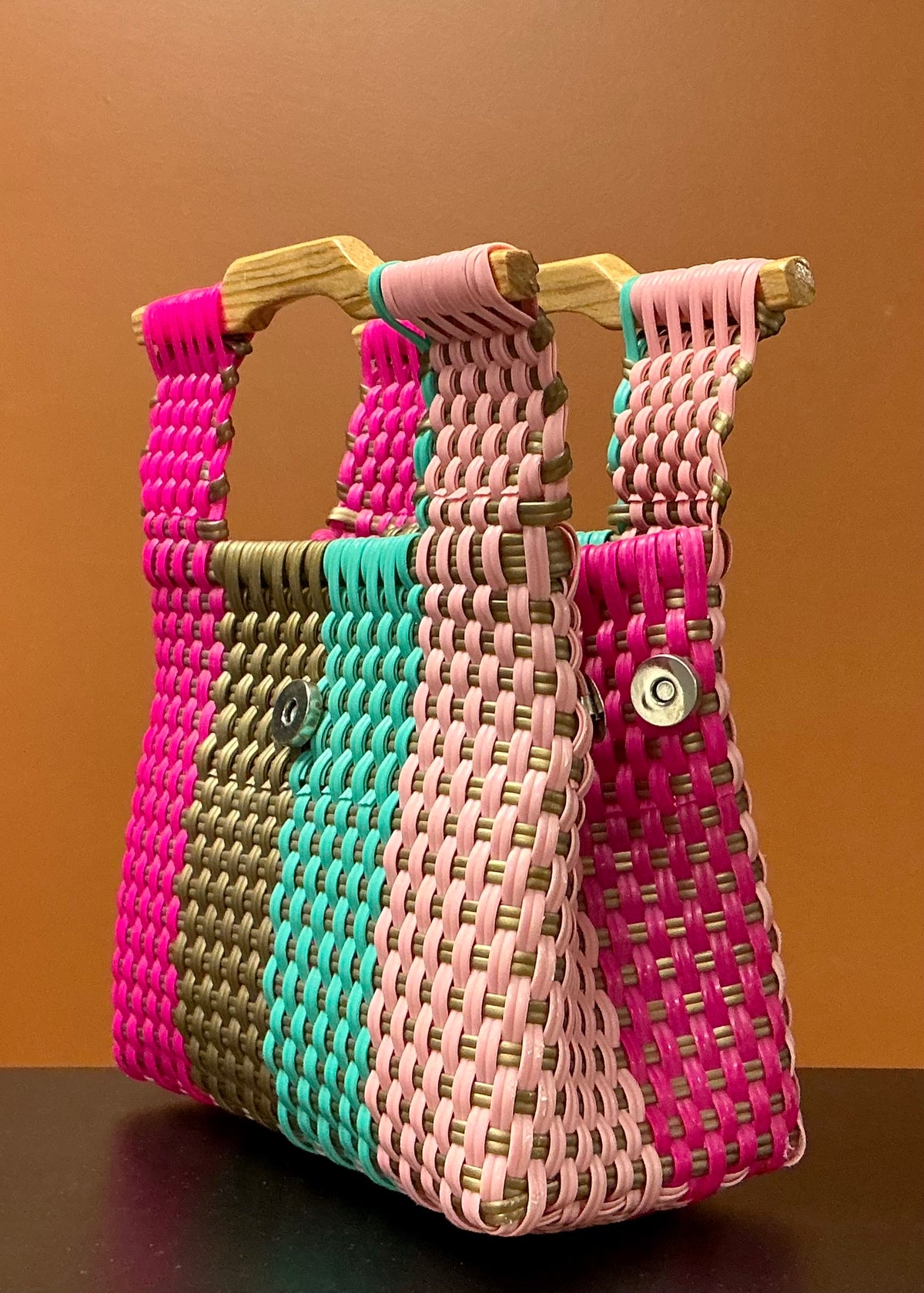 Mini Handwoven Plastic Bag - Pink, Teal, & Brown