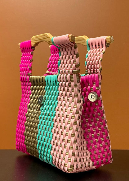 Mini Handwoven Plastic Bag - Pink, Teal, & Brown