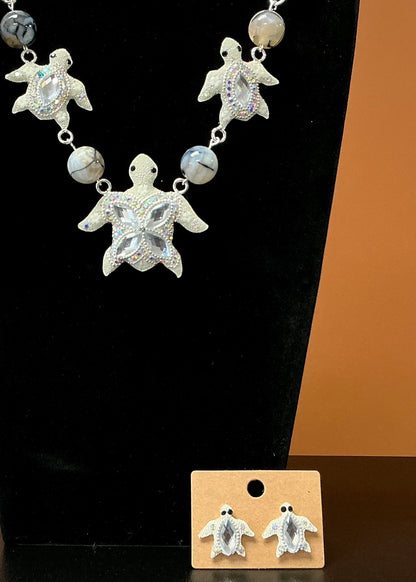 White Sea Turtle Necklace & Earrings