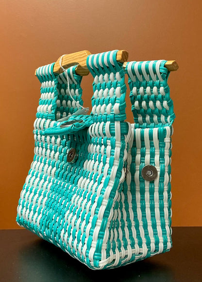 Mini Handwoven Plastic Bag - Teal & White