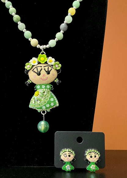 Frida Necklace & Earring Set - Green