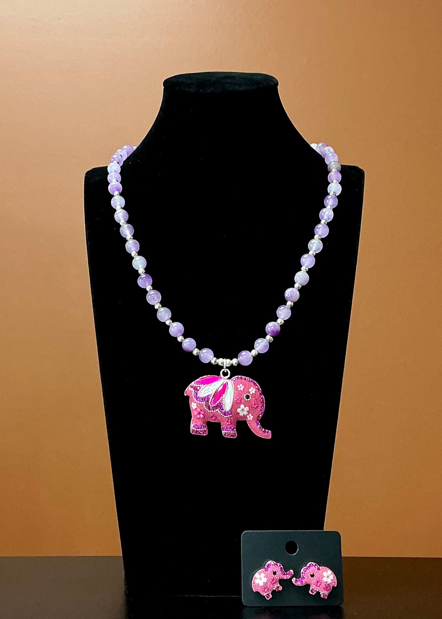Elephant Necklace & Earrings - Purple & Pink