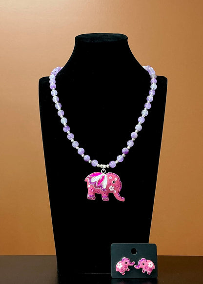 Elephant Necklace & Earrings - Purple & Pink