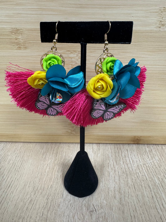 Floral Monarch Tassel Earrings - Fuchsia