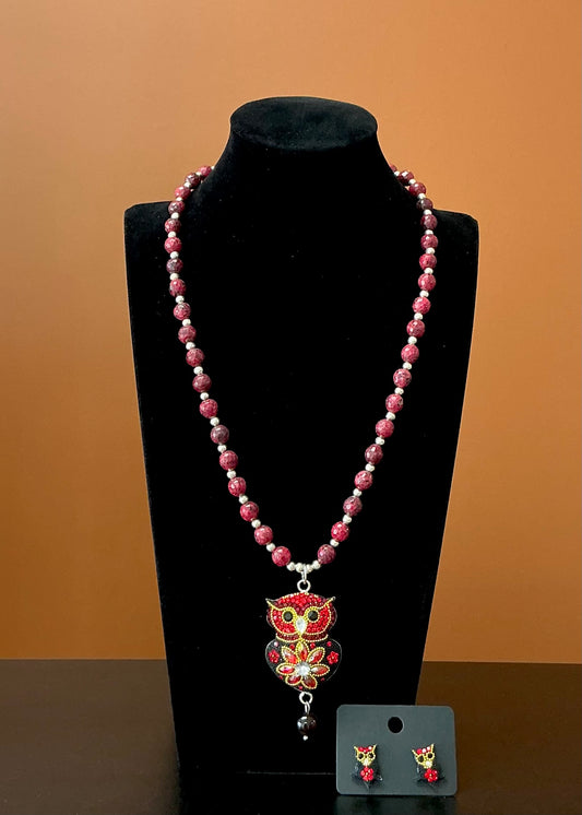 Owl Statement Necklace & Earrings- Red