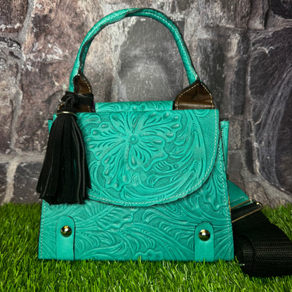Regina Leather Handbag, Turquoise