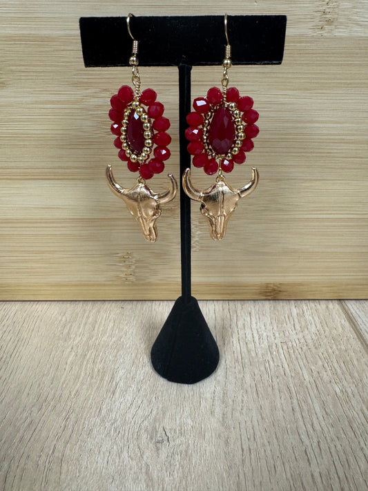 Red Western Cow Skull Earrings