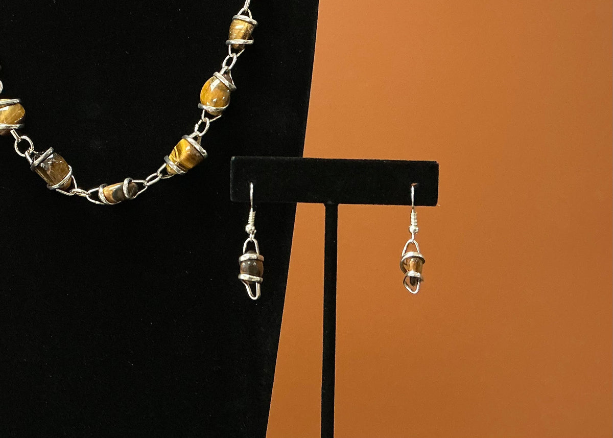 Silver & Brown Stone Necklace & Earrings