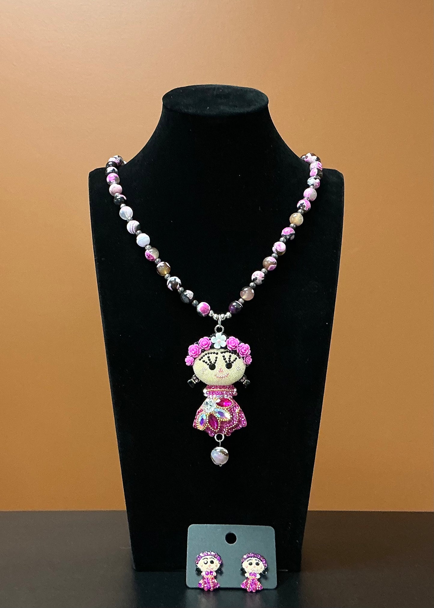 Lele Doll Necklace & Earring Set -Marbled Pink