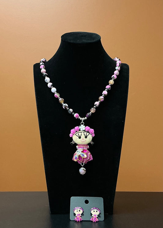 Lele Doll Necklace & Earring Set -Marbled Pink