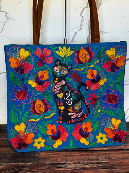 Embroidered Sugar Skull Cat Large Suede Tote Bag