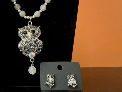 Owl Statement Necklace & Earrings - Black Feathers