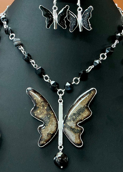 Black Butterfly Necklace & Earrings