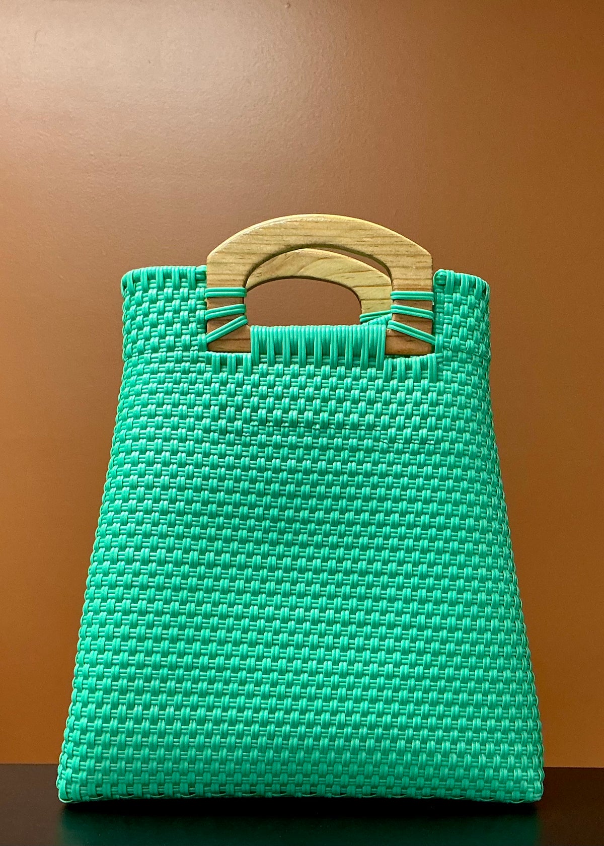 Large Handwoven Plastic Tote Bag - Turquoise