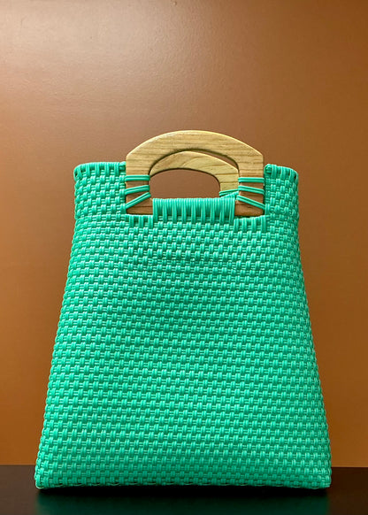 Large Handwoven Plastic Tote Bag - Turquoise