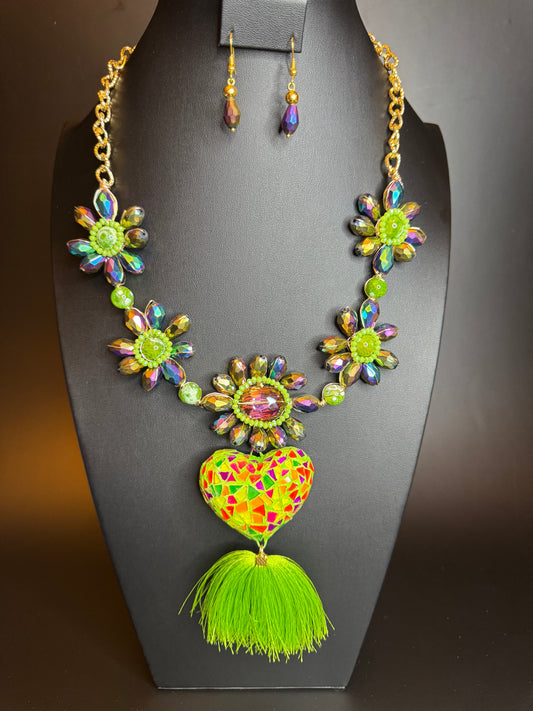 Corazon Vitral Peridot Alambrismo Necklace & Earrings