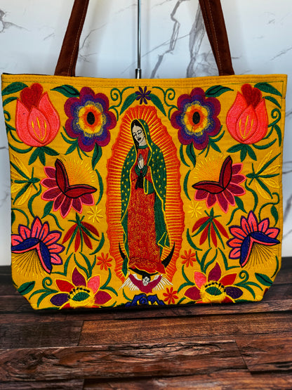 Embroidered Floral Virgen de Guadalupe Large Suede Tote Bag