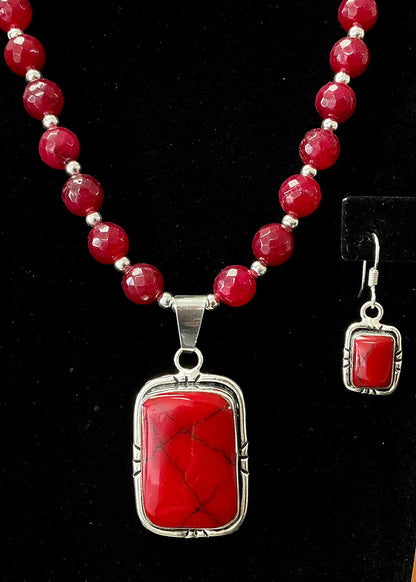 Coral Red Necklace & Earring Set - Rectangle
