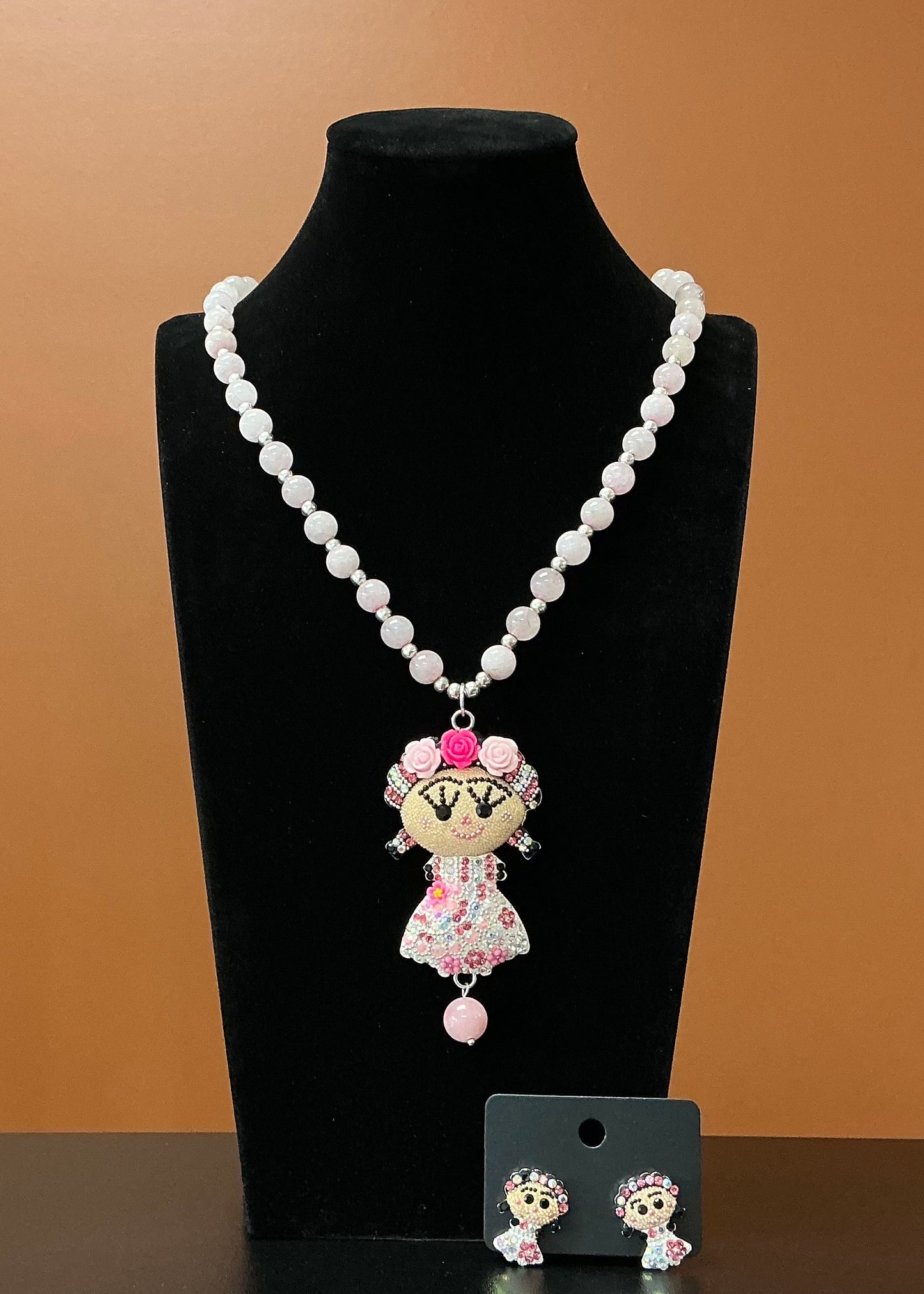 Frida Necklace & Earring Set - Pink & White