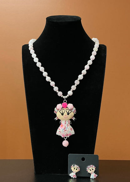 Frida Necklace & Earring Set - Pink & White