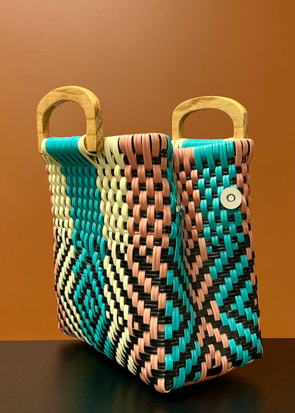 Mini Handwoven Plastic Bag - Pink, Teal, & Yellow