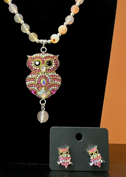 Owl Statement Necklace & Earrings - Peach