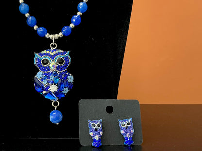 Owl Statement Necklace & Earrings - Blue