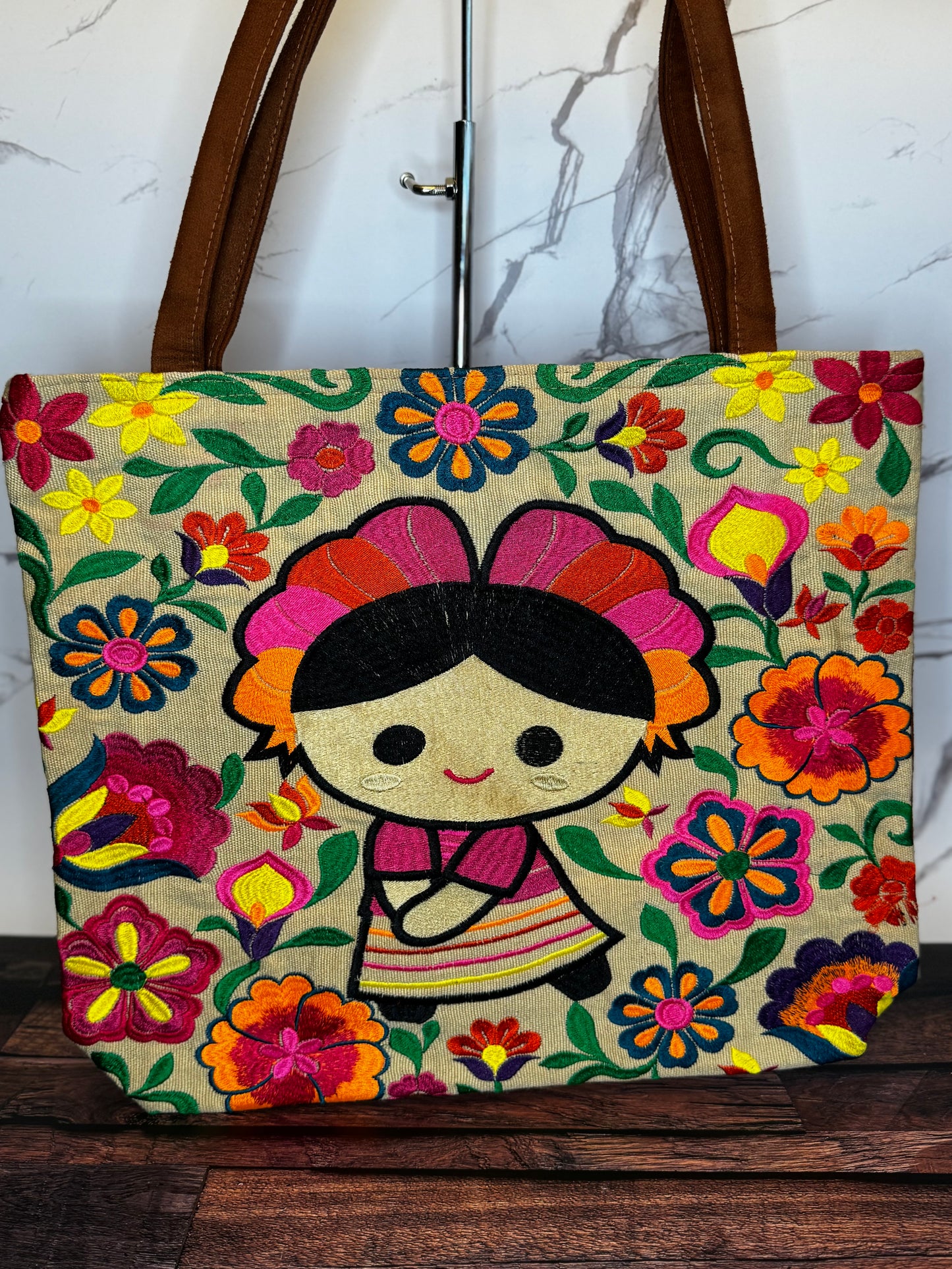 Embroidered Floral Muñeca Lelé Large Suede Tote Bag