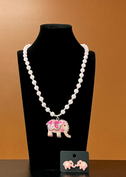 Elephant Necklace & Earrings - Light Pink
