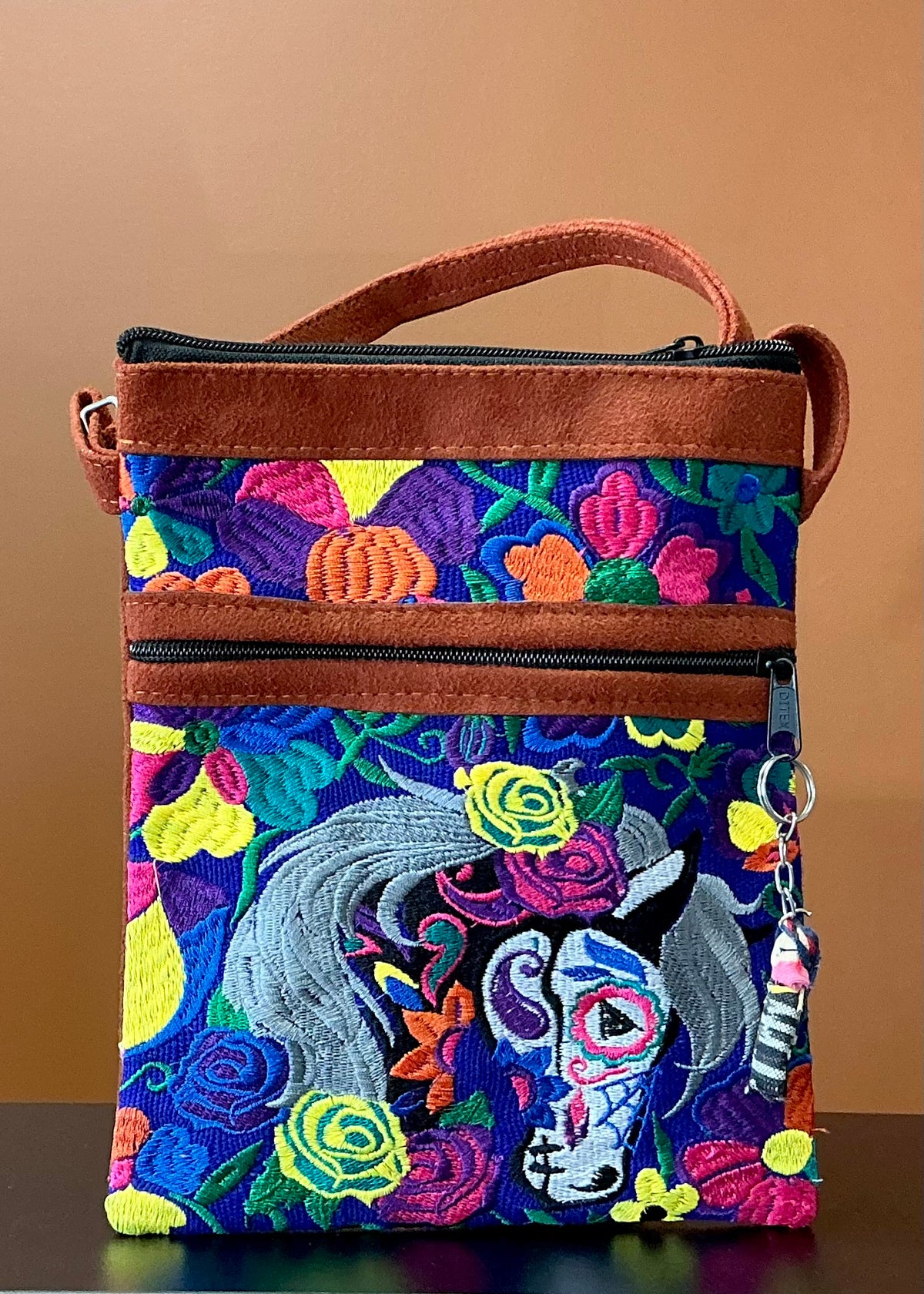Embroidered Horse Leather Crossbody Passport Bag - Black Horse