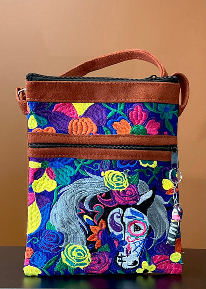 Embroidered Horse Leather Crossbody Passport Bag - Black Horse