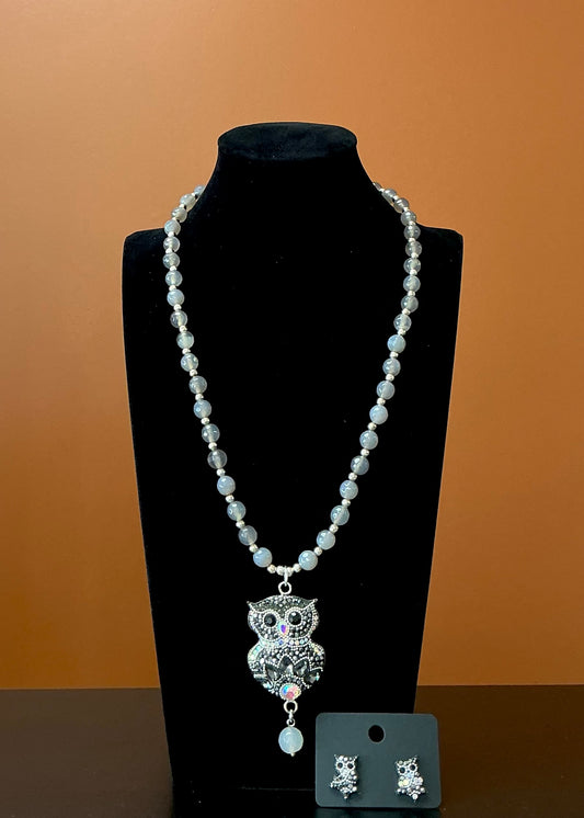 Owl Statement Necklace & Earrings - Black Feathers