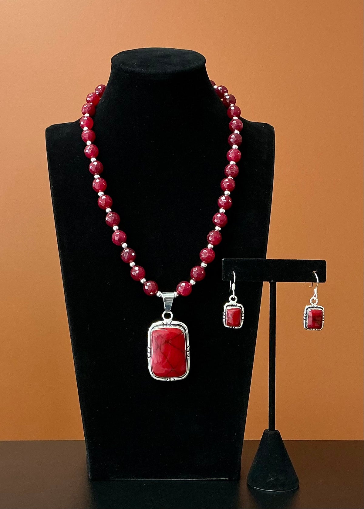Coral Red Necklace & Earring Set - Rectangle