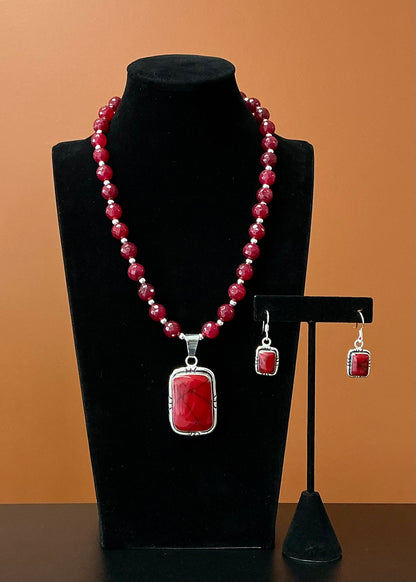 Coral Red Necklace & Earring Set - Rectangle