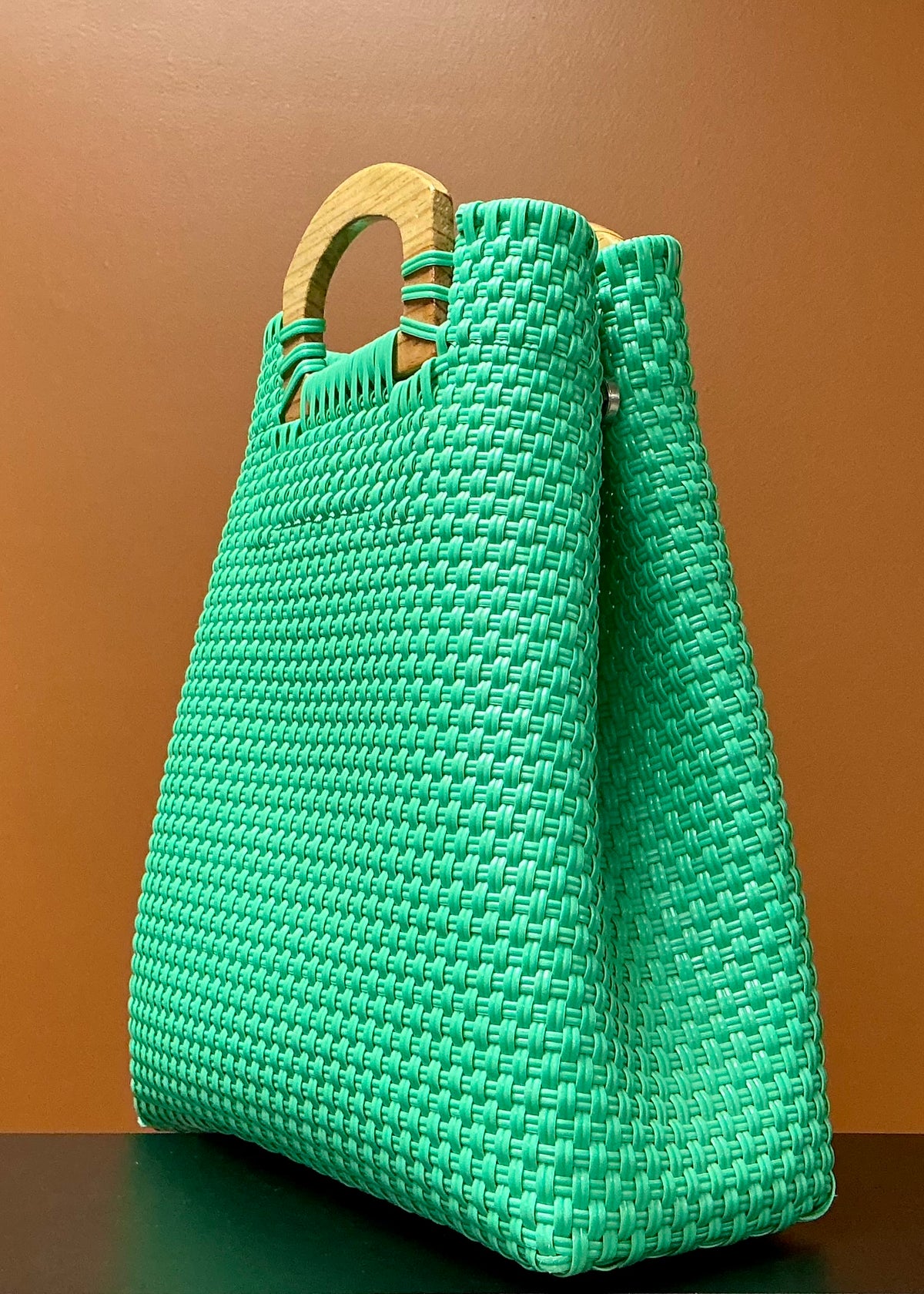 Large Handwoven Plastic Tote Bag - Turquoise