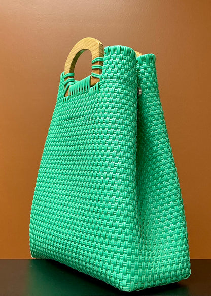 Large Handwoven Plastic Tote Bag - Turquoise
